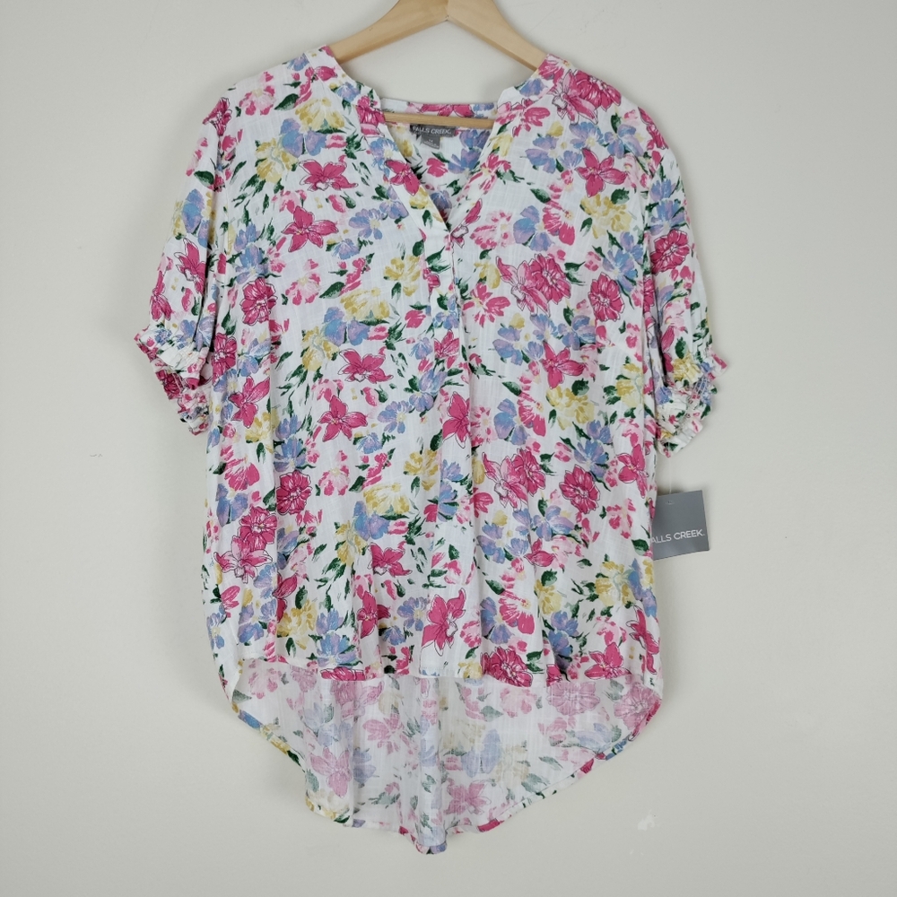 Falls Creek Multicolor Linen Blend Popover Split Neck High Low Blouse Size 1X